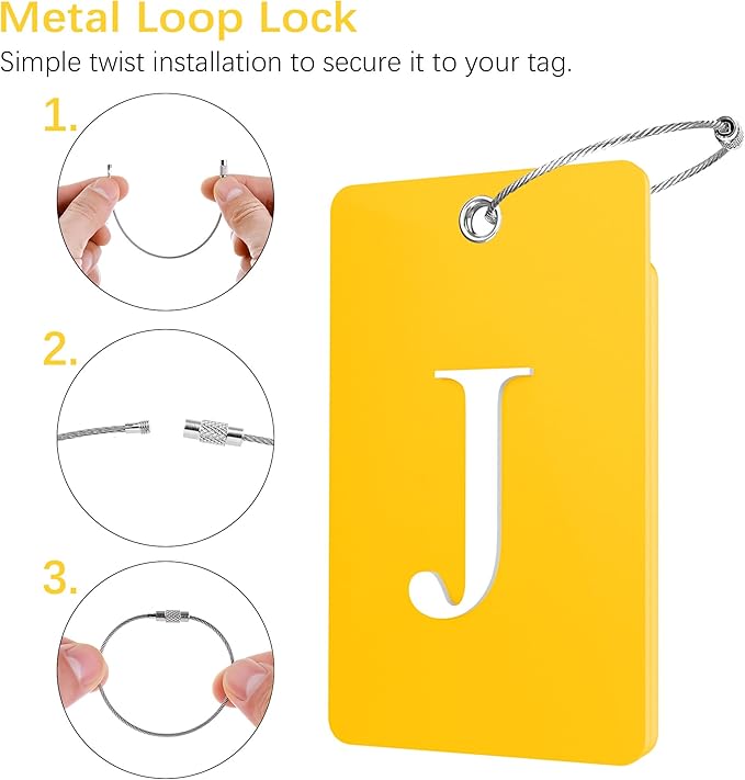Gostwo 2 Pack Luggage Tags for Suitcases, 26 Initial Letter Travel Luggage Baggage Identification Labels ID Tag Fully Bendable Tags with Stainless Steel Loop (Yellow) (Letter J)