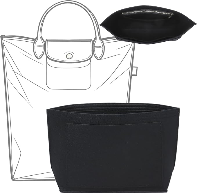 Doxo Felt Purse Organizer Insert for Longchamp Le Pliage M Totes, Longchamp Orgainzer Insert Meduim with 7 Compartments & YKK Zipper | Fits Long Champ Meidum Top Handle Tote Bag (SM, Black)