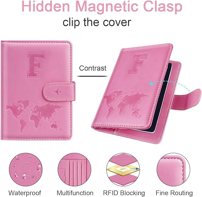 Passport Holder Cover Initail Letter A-Z Travel Wallet Embossed Design RFID Blocking Card Holder Personalized Gift Passport Cover Wallet, Passport Book Holders for Women and Girls, Pink-F