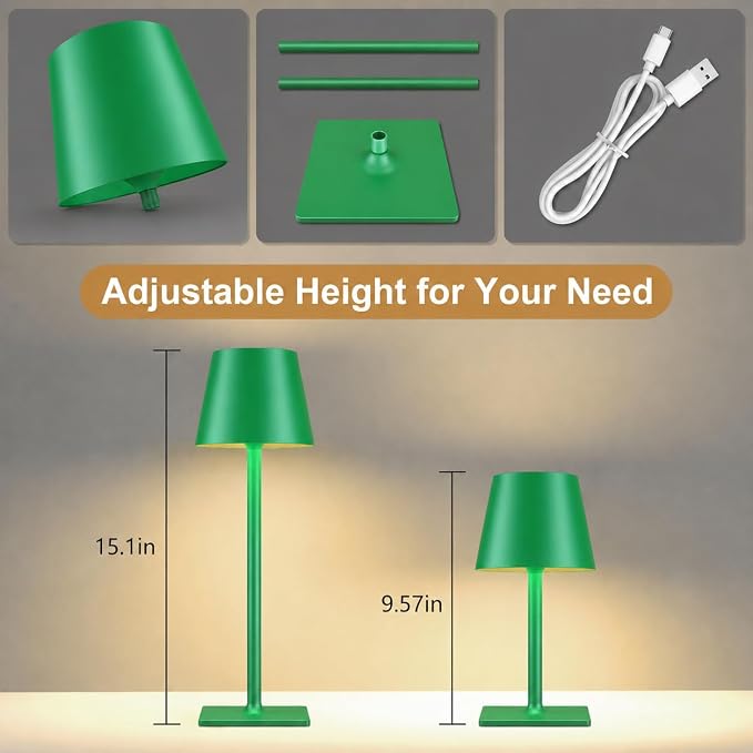 Yogaret Green Cordless Table Lamps, 6000mAh Rechargeable Battery, 2 Pack | Portable table lights set of 2 wireless battery operated lamps for indoor tables, patio, restaurant, dinner and kitchen use