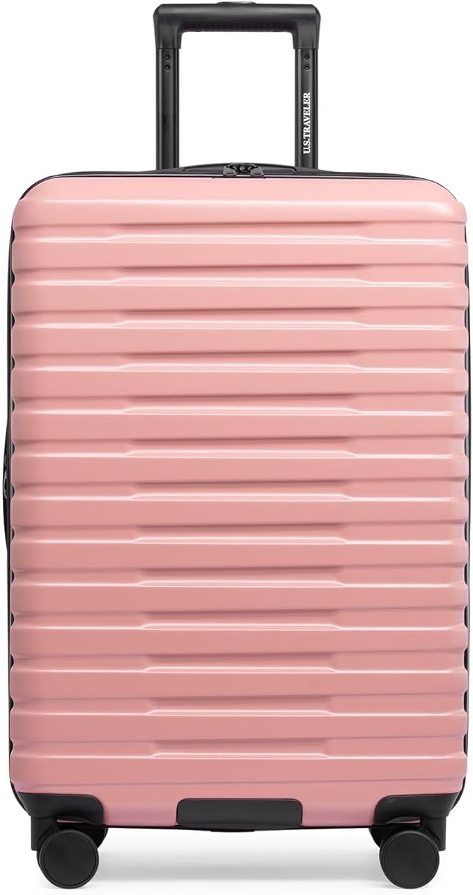 U.S. Traveler Boren Expandable Hardside Rugged Travel Luggage with 8 Spinner Wheels, Rose Pink, Checked-Medium 26-Inch
