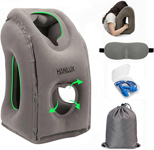 Inflatable Travel Pillows for Airplanes, Blow Up Travel Pillow for Train Office Car with Chin and Neck Support, Inflatable Travel Pillow for Sleep Support with Eye Mask,Storage Bag & Earplugs (Gray)