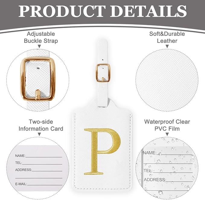 Personalized Initial Luggage Tags for Suitcases,Leather Letter Cute Luggage Tags with Privacy Name Card,Embroidered Monogrammed Travel Bag Backpack Tag Gifts for Women Kids Girls Teens(White-P)
