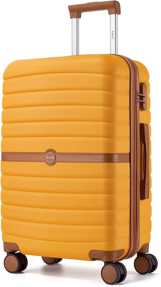 Kono Expandable 24 Inch Luggage with Spinner Wheels, Medium Checked Luggage with Lock, Lightweight & Anti-Scratch PC+ABS Hardshell Travel Suitcase, Yellow/Brown