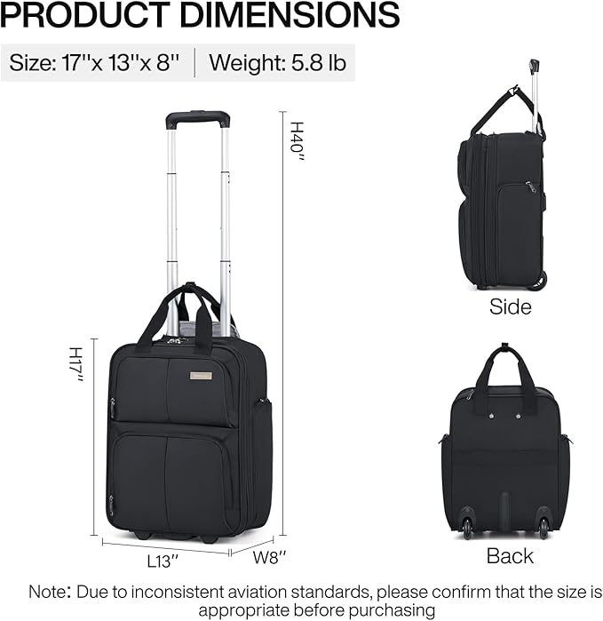 Hanke 16 Inch Underseat Carry On Luggage With Wheels, Small Rolling Suitcase Lightweight Under Seat Carry On Bag, Airline Approved Personal Item Overnight Softside Travel Luggage Bag,Black