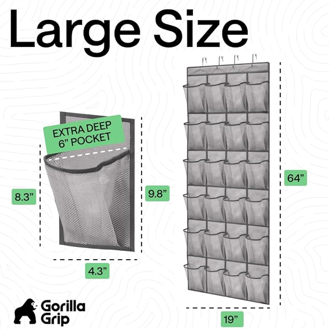GORILLA GRIP Over the Door Shoe Organizer, 24 Extra Large Breathable Mesh Pockets, Space Saving Hanging Storage Holder, 4 Hook Closet Rack Hanger, Hangs on Closets for Shoes and Accessories, Grey