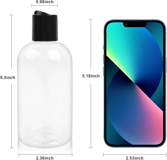 2 Pack 8 oz Empty Plastic Bottles with Black Disc Caps Reusable Clear Leak-Proof Travel Squeeze Containers for Shampoo Conditioner Toiletries Liquid Soap