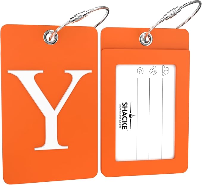 Shacke Luggage Tag Initial – Fully Bendable Tag w/Stainless Steel Loop - Orange (Letter Y)