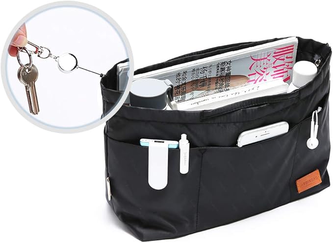 iN. Purse Organizer Insert with zipper Nylon fabric for women Handbags & Totebag, black, Medium: 15.7"(Top)/12.2"(Bottom) L × 4.7" W × 8.3" H