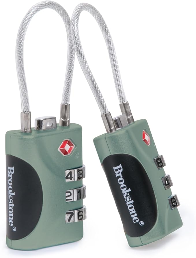 Brookstone Cable Lock - 2 Pack TSA-Approved 3-Digit Keyless Luggage Travel Lock - Resettable Combination Wire Padlock, Vintage Green