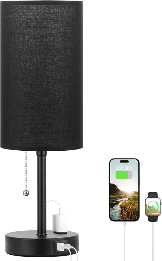 17in Bedside Table Lamp for Bedroom, Desk Lamp with USB Ports for Dorm | 17" Night Stand Lamp, USB A+C Ports, AC Outlet, 3 Color Temperatures, LED Bulb Included, Black Fabric Shade, Matte Black Base