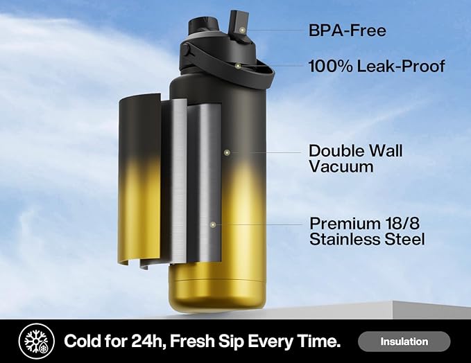 POWCAN 40 oz Insulated Water Bottle with 2-in-1 Straw and Spout Lid, Keep Cold 24H, Leak-Proof, BPA-Free, Double Wall Stainless Steel Water Bottle for Sports, Gym, Travel, Gift, and School (King)