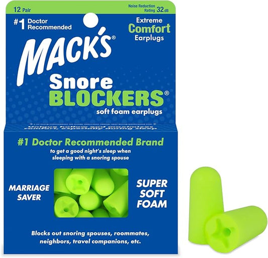 Mack’s Snore Blockers Soft Foam Earplugs, 12 Pair – 32 dB High NRR, 37 dB SNR – Comfortable Ear Plugs for Sleeping, Snoring, Loud Noise and Travel
