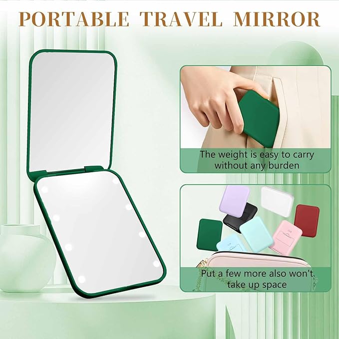 Kakuje Compact Mirror, 1X/3X Magnification LED Pocket Mirror with Nternal BIattery, Mini Mirror for Purse, Pocket,Travel and Present (Green)