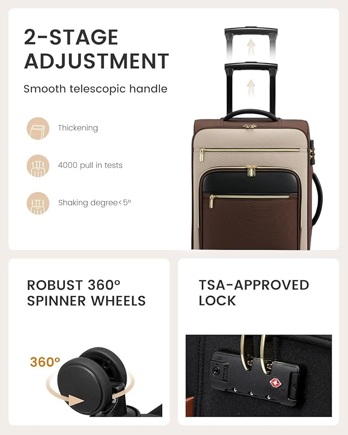 LOVEVOOK Carry on Suitcase 22x14x9 Airline Approved,20 inch Lightweight Waterproof Suitcases with 360° silent swivel wheels, TSA Lock and Compartment, Large Capacity travel Suitcase Apricot-Coffee