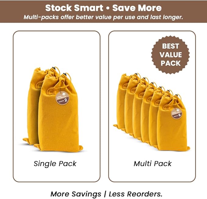 LFH Cotton Rich Shoe Storage Bags with Drawstring, Dustproof Breathable Reusable Organizer, Perfect For Travel, Dorm, Hotel, College, Gym, Easy to Carry, Machine Washable 8"x17" (Pack of 6) - Golden