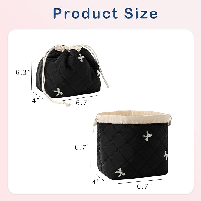 uekeboag Cotton Quilted Drawstring Makeup Bag with Canvas Lining,Coquette Aesthetic Cute Travel Toiletry Bag,Drawstring Gift Bag for Women and Girls（06Black Bows）