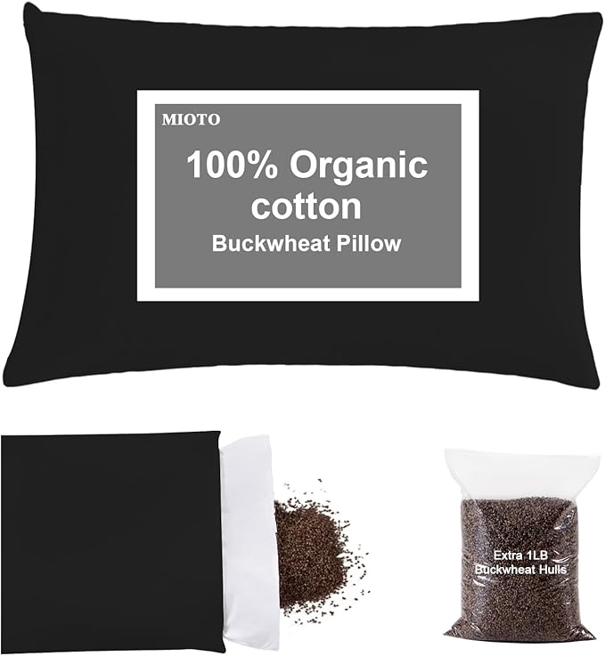 Organic Buckwheat Pillow for Sleeping with Dual-Layer Pillowcase and Extra Tartary Buckwheat Hulls, Adjust Height and Firmness, Neck Support Pillow for Back and Side Sleepers 14"x20", Black