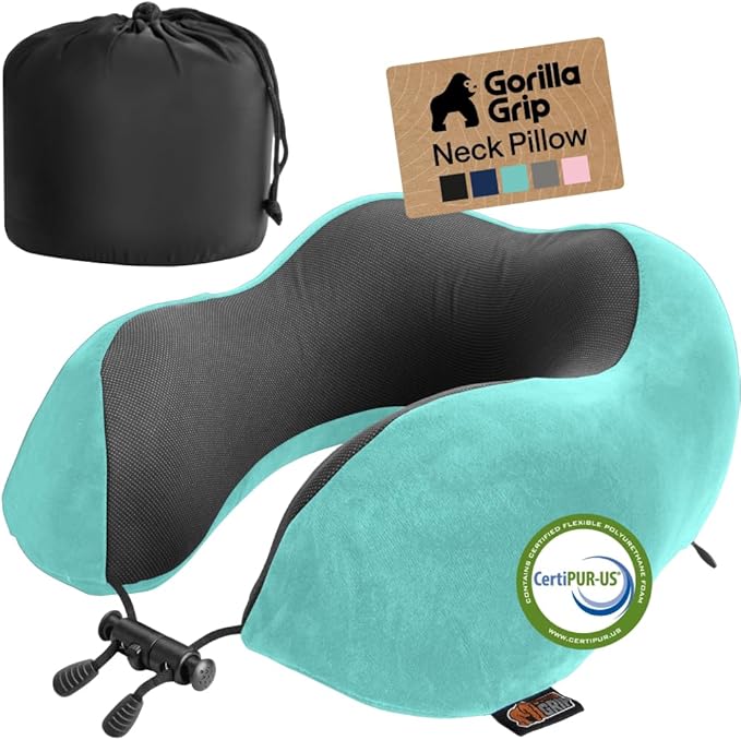 GORILLA GRIP Adjustable Travel Neck Pillow for Airplanes, CertiPUR-US® Memory Foam, Soft Velvet, Cooling Mesh Pillows, Support Headrest for Sleeping, Traveling Essentials, Flight Accessories Turquoise