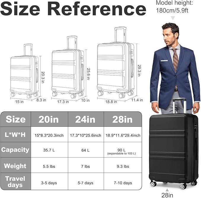 Kono 28 Inch Luggage Expandable Suitcase with Spinner Wheels TSA Lock Lightweight PC+ABS Hardside Large Checked Luggage Durable Rolling Suitcase Black