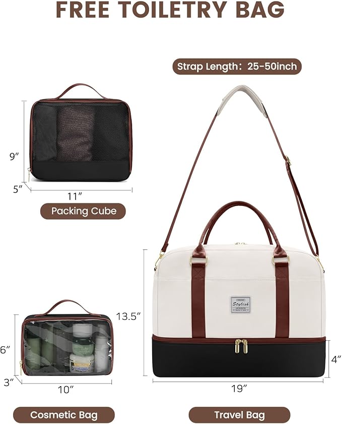 Weekender Travel Duffle Bag for Women: Overnight Bags with Shoe Compartment Carry on Bags for Airplanes with 2 PCS Toiletry Bag Weekend Yoga Gym Bag with Wet Pocket Travel Duffel Tote