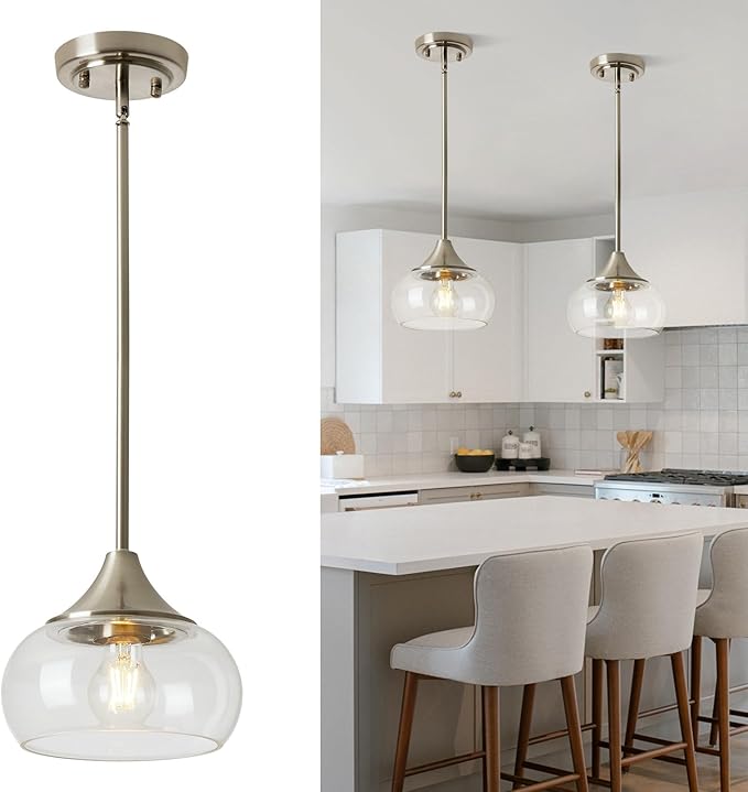 Modern Pendant Lights for Kitchen Island, Brushed Nickel Pendant Light Fixtures with 8.5" Clear Glass Shade, Industrial Hanging Pendant Lights Fixture for Kitchen Island Dining Room Entryway 2 Pack
