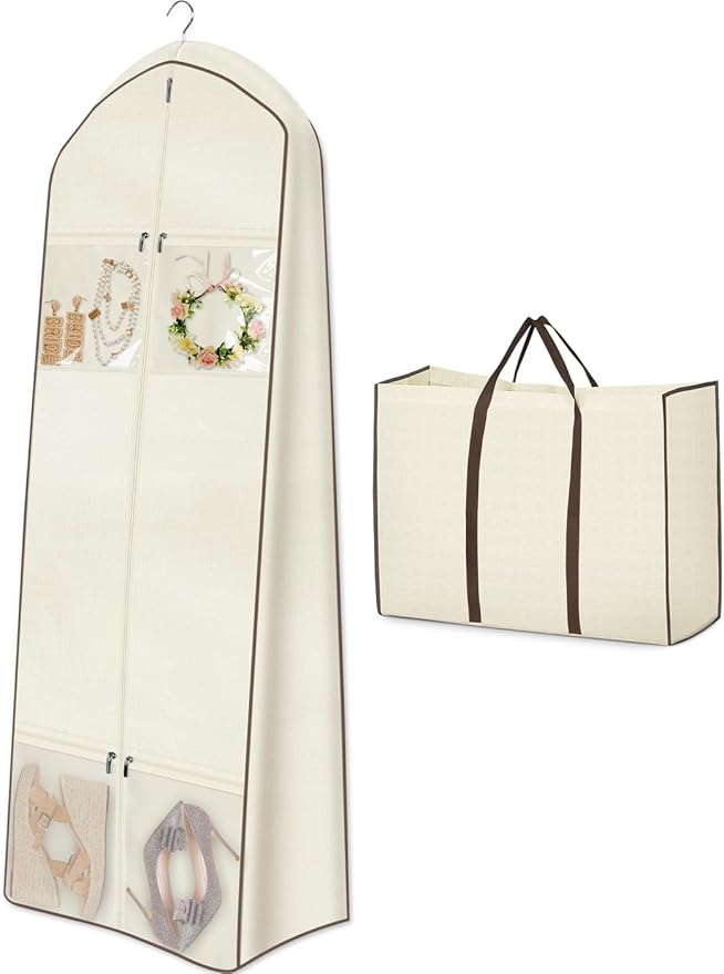 MISSLO Portable 70" Wedding Dress Garment Bag with Bride Tote Bag 8'' Gusseted Dress Bags for Gowns Long 4 Pockets Dress Cover for Women, Beige