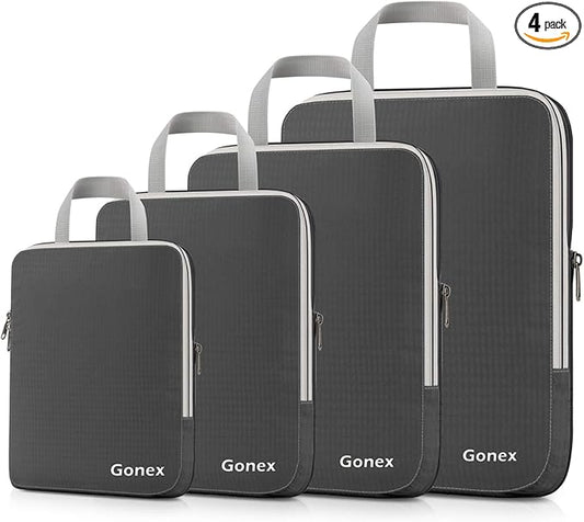 Gonex Compression Packing Cubes, 4pcs Expandable Storage Travel Luggage Bags Organizers (Deep Gray)