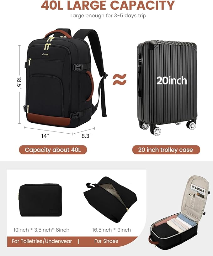 LOVEVOOK Carry On Travel Backpack For Women Men Flight Approved, 40L Personal Item Backpack for Airplanes, Business Weekender Overnight Daypack Fits 17 Inch Laptop, With 2 Packing Cubes, Black-Brown