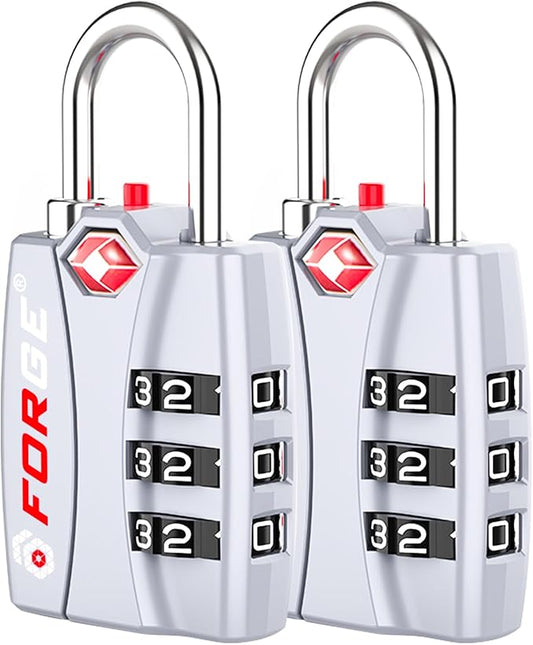Forge Open Alert TSA Approved Luggage Locks - 3 Digit Combination, Easy Read Dials, Zinc Alloy Body - Ideal Travel Lock for Luggage, Suitcases, Bags & Toolboxes (Silver 2 Locks)