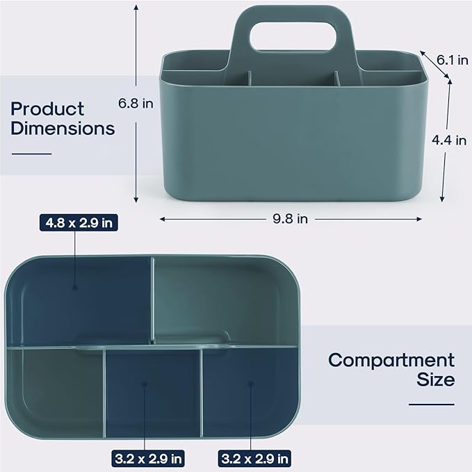 Multiuse Caddy Organizer with Handle, Portable Divided Plastic Tote Bin - Art Craft, Stationary Pen Marker Crayons, Makeup Hair Supplies Storage - Bathroom, Classroom, Dorm, Office, Desk Holder - Cyan