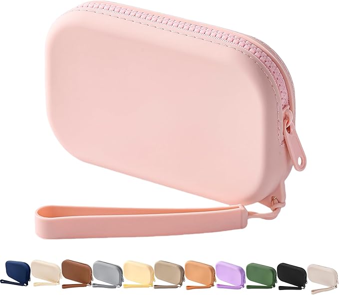 Small Silicone Multifunctional Essential Bag Portable Travel Makeup Bag for Women Men Cards Cash Bag Zipper Pouch (Light Pink)