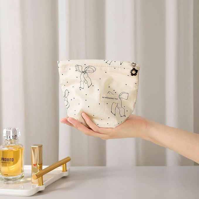 HAPPYHEIDI Makeup Bag Set,Cute Organizing Pouch, Cotton, Beige Bow Pattern, Zipper Closure, Large 10.2x7.8 Inches, Small 6.5x6.5 Inches, Lightweight