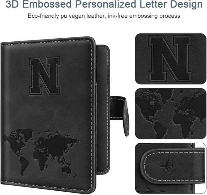 Passport Holder Wallet Cover Personalized Letter A-Z Travel Wallet RFID Blocking Passport Cover Wallet Case for Travel Passport Book Holders for Women and Men, Black-N