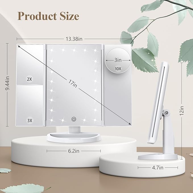 HUONUL Makeup Mirror, Vanity Mirror with Lights, 2X/3X/10X Magnification, Touch Control, Trifold, Dual Power Supply, Mothers Day, Birthday Gifts for Mom,Gifts for Women,Girls, Dorm Room Essentials