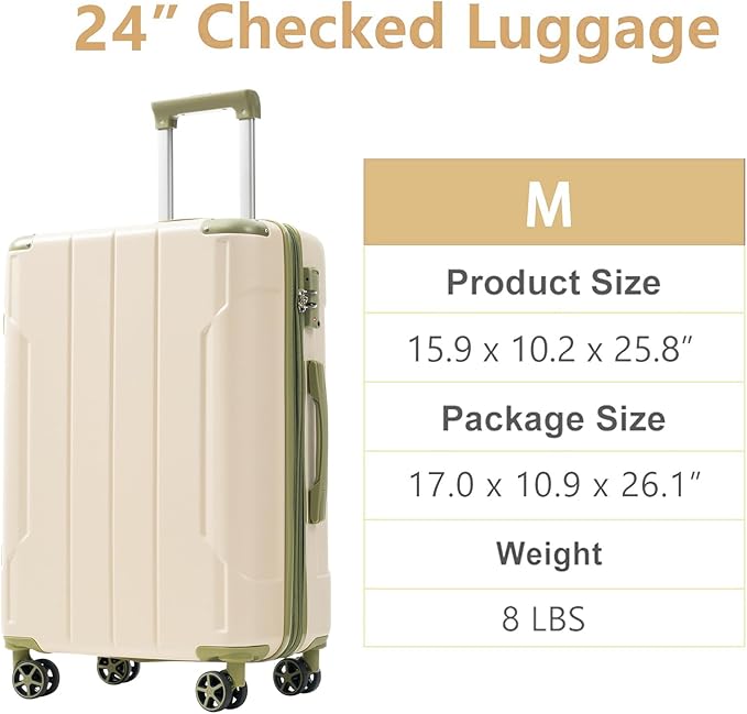 24 Inch Checked-Large Luggage, Lightweight ABS Hard Shell Suitcase with Spinner Wheels, Expandable Travel Luggage with Combination Lock & Side Hooks for Men Women, White Green