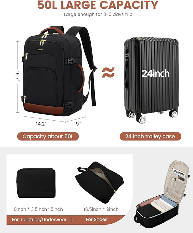 LOVEVOOK Travel Backpack For Women Flight Approved, 50L Large Carry On Backpack For Airplanes, Personal Item Travel Bag, Waterproof 18 Inch Laptop Backpack For Business Weekender Overnight, 4Pcs Set