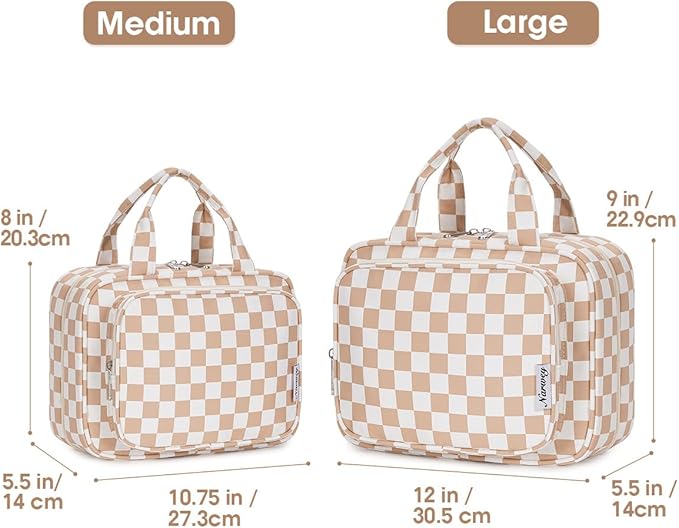 Narwey Travel Toiletry Bag for Women Large Hanging Makeup Bag Organizer Toiletries Bag for Full Size Essentials Accessories Cosmetics (Light Checkerboard (Large))