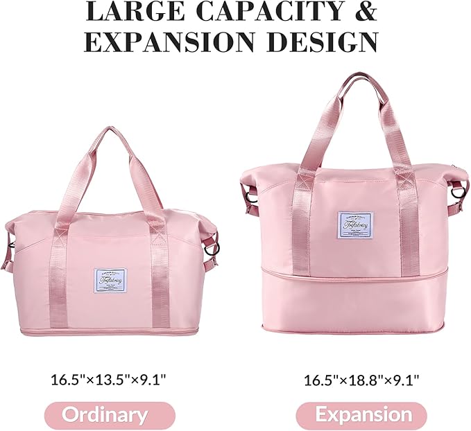 Travel Duffel Bag - Large Shoulder Weekender Overnight Bag, Carry on Bags with Wet Pocket, Waterproof Expandable Duffel Bags with Trolley Sleeve for Sports Travel Gym, Pink