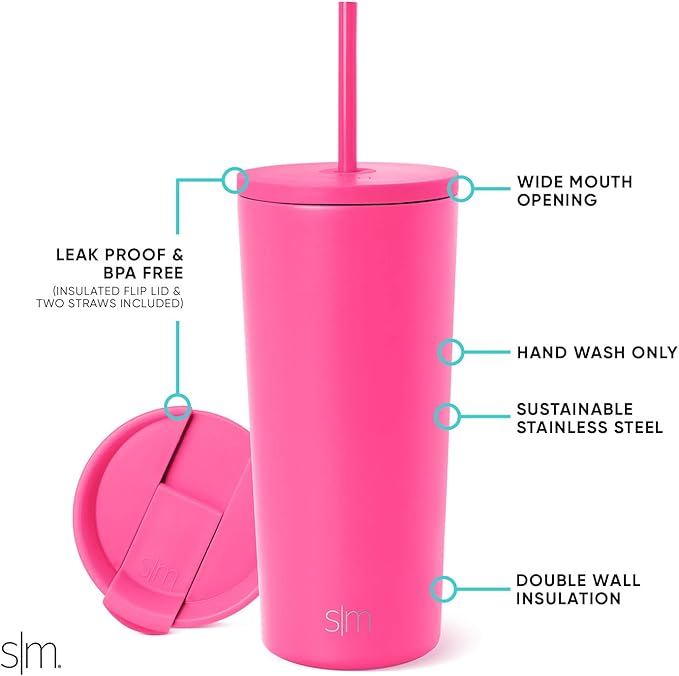 Simple Modern Classic Tumbler with Straw Lid | Insulated Iced Coffee Cup Reusable Stainless Steel Water Bottle Travel Mug | Gifts for Women Men Her Him | 20oz | Raspberry Vibes
