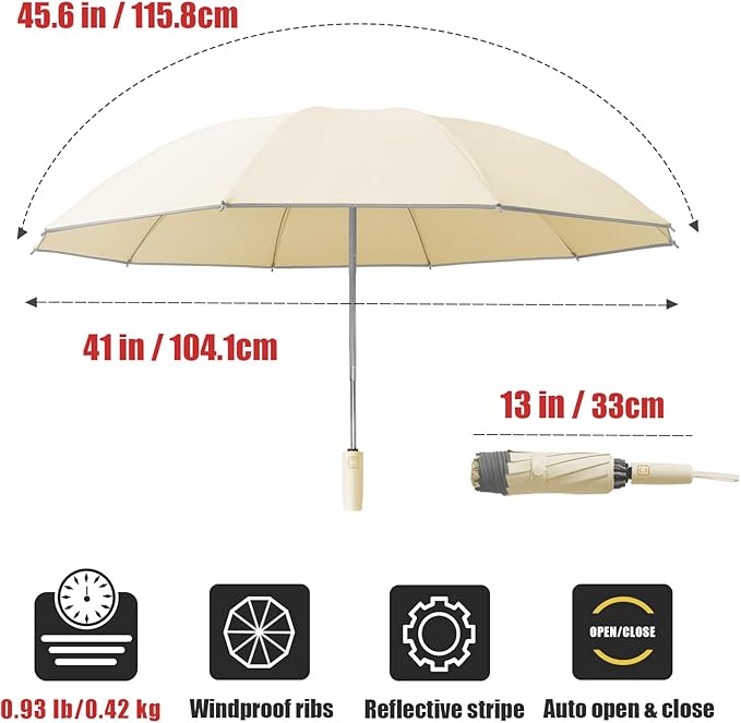 Fogkey Large Windproof Travel Umbrella, Portable Reverse Folding Car Umbrella, Compact Inverted Design with Waterproof Canopy, Automatic, 10 Durable Ribs, 45.6/13 Inch, Fits Backpack