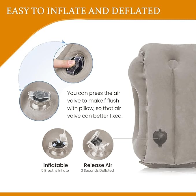 Inflatable Travel Pillows for Airplane, Blow Up Neck Pillow for Sleeping for Long Flight Support Neck,Head & Shoulder, Used for Travelling Car/Airplane/Office Nap-Comes with Eye Mask and Earplugs_Gray