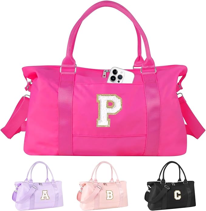 Dance Gym Duffel Bag for Teen Girls, Personalized Initial Travel Weekender Bag,Cute Overnight Carry On Duffle for Women,Sports Travel Cheer Bag,Monogram Christmas Gifts for Tween Preppy(rosered-P)