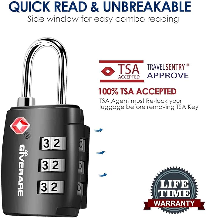 2 Pack TSA Approved Travel Luggage Locks, Combination Lock Alloy Body, Keyless 3-Digit Padlocks, Travel Sentry Accepted Compatible Padlock for Gym Locker, Golf Bag Case, Backpack, Black-by GIVERARE