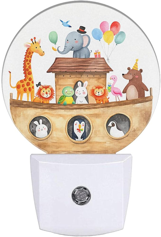 Cute Noah's Ark Night Light Ship with Animals Giraffe Rabbit Elephant Bear Birds Nightlight LED Round Lamp for Boys Girls
