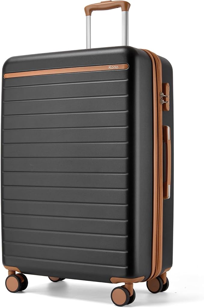 Kono 28 Inch Large Suitcase, Expandable for Long Trips, Impact-Resistant ABS+PC & Silent Wheels, Black, Lightweight Hardshell Luggage, Smooth Rolling Spinner Suitcase for Travel，Black/Brown