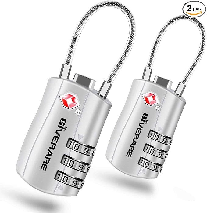 GIVERARE 2 Pack TSA Approved Luggage Locks, Combination Travel Cable Lock, Re-settable 3-Digit Padlocks with Alloy Body, Keyless TSA Padlock for Gym Locker, Golf Bag Case-Silver