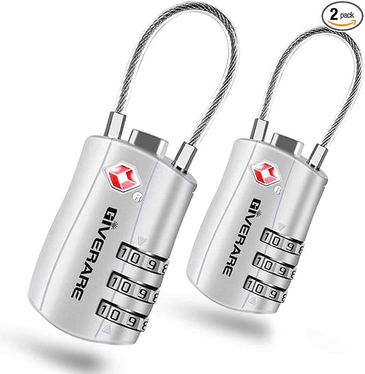 GIVERARE 2 Pack TSA Approved Luggage Locks, Combination Travel Cable Lock, Re-settable 3-Digit Padlocks with Alloy Body, Keyless TSA Padlock for Gym Locker, Golf Bag Case-Silver