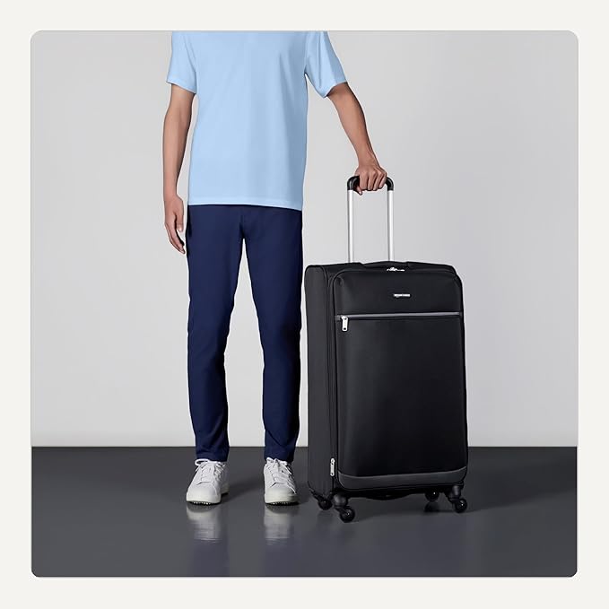 Amazon Basics 28" Large Checked Softside Expandable Suitcase with 360-Degree Multi-directional Spinner Wheels, Expandable Capacity, Zippered Pockets, Telescoping Handle, Black