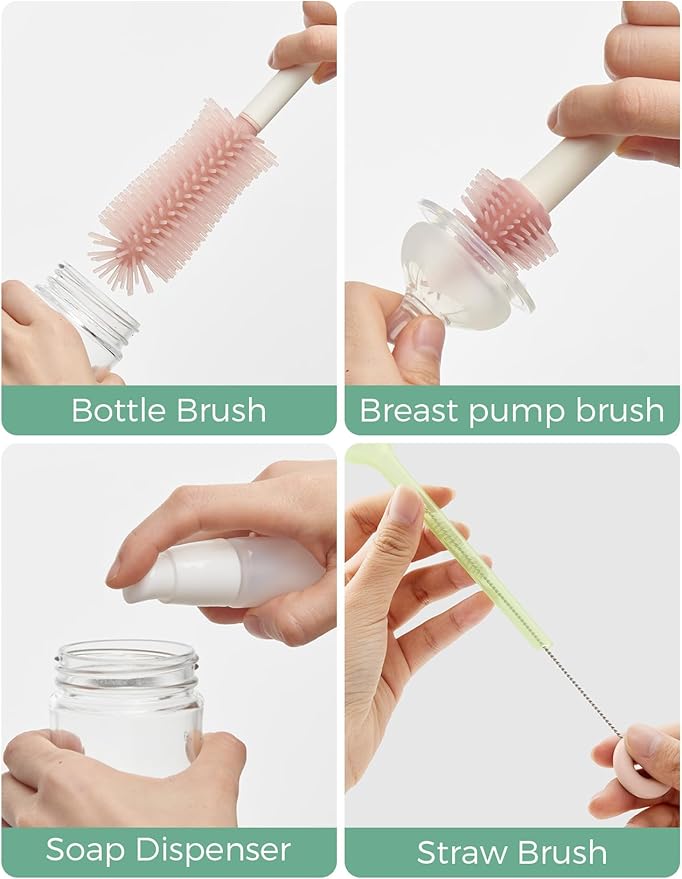 Momcozy 7-in-1 Baby Bottle Cleaner Kit with Silicone, Nipple & Straw Brushes, Soap Dispenser and Drying Rack - Portable Cleaning Tool for Home and Travel, Pink
